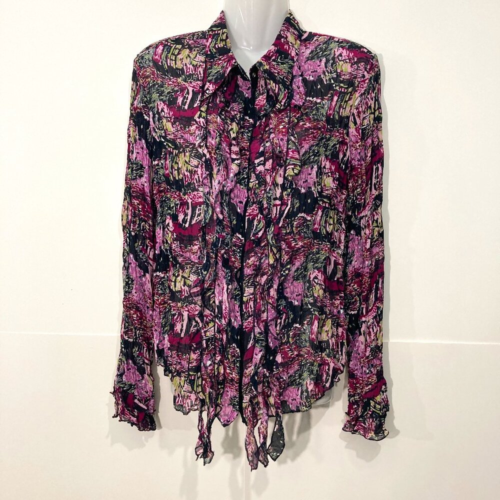 Violet & Claire Floral Long Sleeve Press Button up Top Ruffle Crinkle Black L